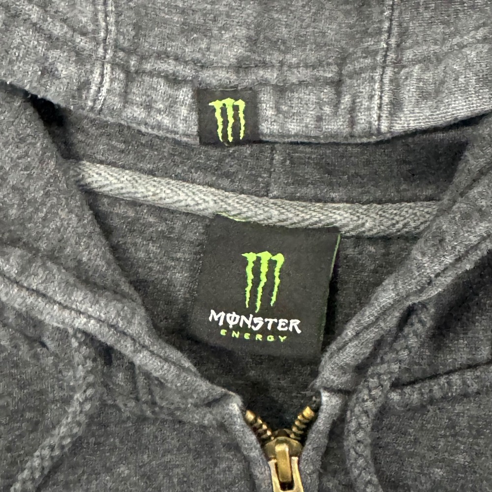 Monster Energy Zip Up Hoodie Charcoal Gray Embroidered Logo Racing Mens M